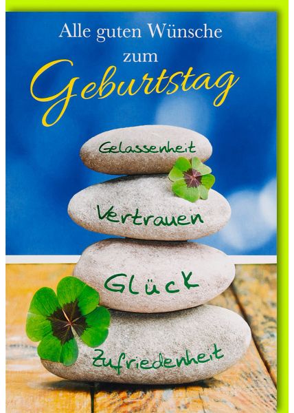 Geburtstagskarte mit Steinen und Kleeblättern - Folienprägung - Alle guten Wünsche zum Geburtstag