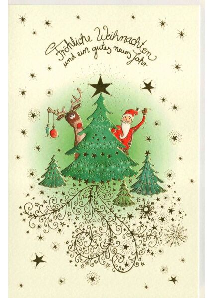 Weihnachtsgrußkarte Naturkarton Nikolaus Elch Baum