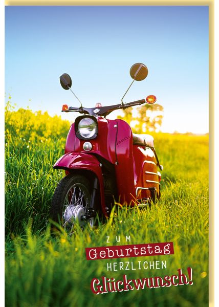 Geburtstagskarte mit rotem Roller im Grünen: "Zum Geburtstag Herzlichen Glückwunsch!"