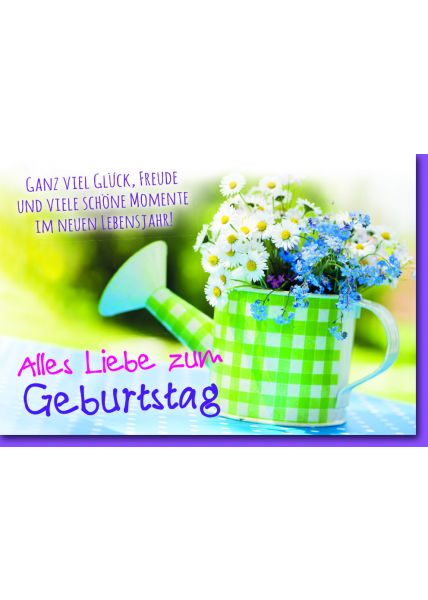 Geburtstagskarte mit Spruch Grünkarierte Gießkanne