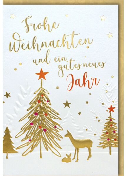 Weihnachtskarte Spruch Frohe Weihnachten und ein gutes neues Jahr Reh Tanne