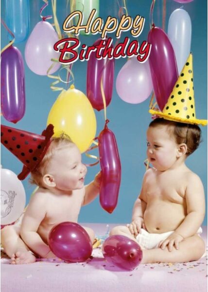 Geburtstagspostkarte zwei Babys Luftballons Happy Birthday