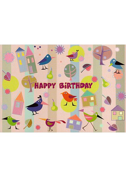 Geburtstagspostkarte Vögel und Häuser bunt gezeichnet: Happy Birthday