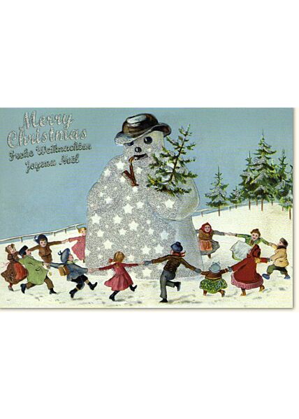 Weihnachtskarte nostalgisch Frohe Weihnachten Kinder tanzen um Schneemann herum