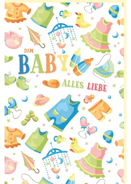 Glückwunschkarte Geburt Babykleidung, Schnuller, Babyflaschen