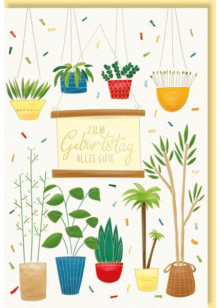 Geburtstagskarte mit Pflanzenmotiven und Glückwünschen, Naturkarton und Prägungen