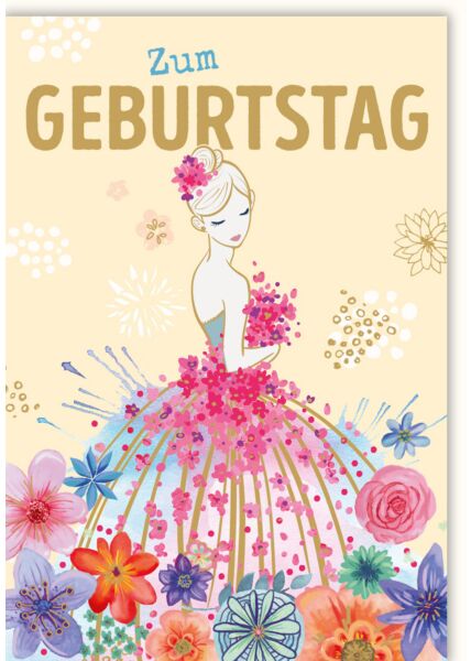 Glückwunschkarte Geburtstag Illustration Frau mit Kleid in Blumenwiese