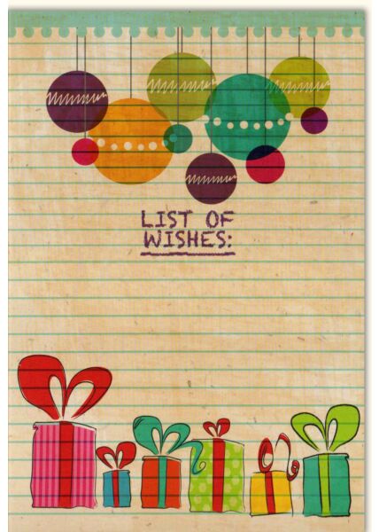 Weihnachtskarte retro Wunschzettel Geschenke