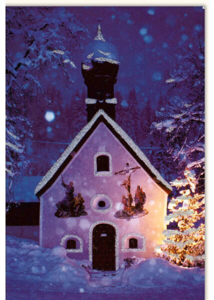 Weihnachtskarte Traditionell Merry Christmas kleine Kirche eingeschneit