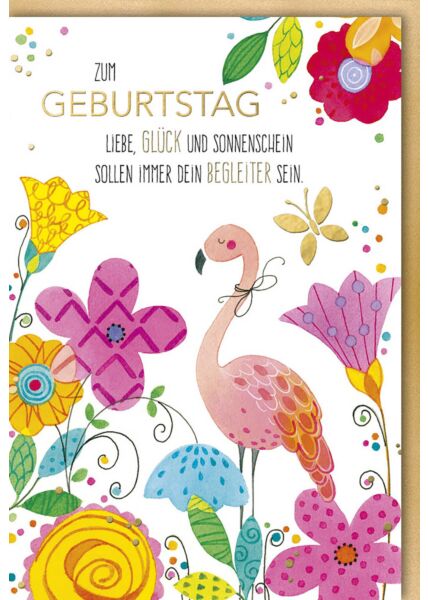 Glückwunschkarte Geburtstag Spruch mit Flamingo und Blumen