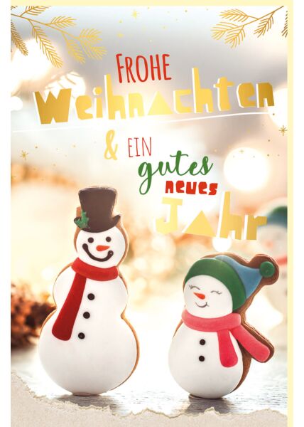 Weihnachtsgrußkarte liebevoll Goldfolie zwei Schneemänner