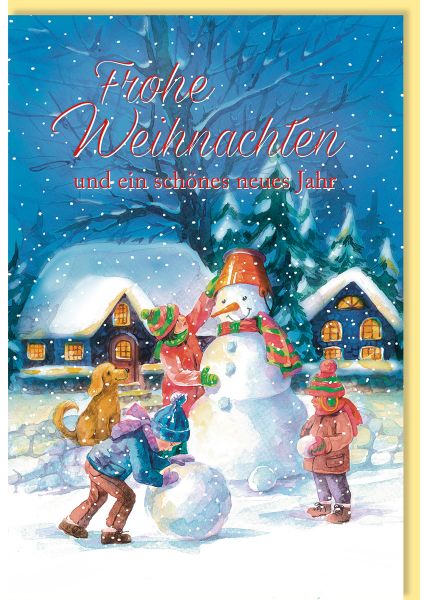 Weihnachtskarte Nostalgisch Kinder bauen Schneemann, nostalgisch