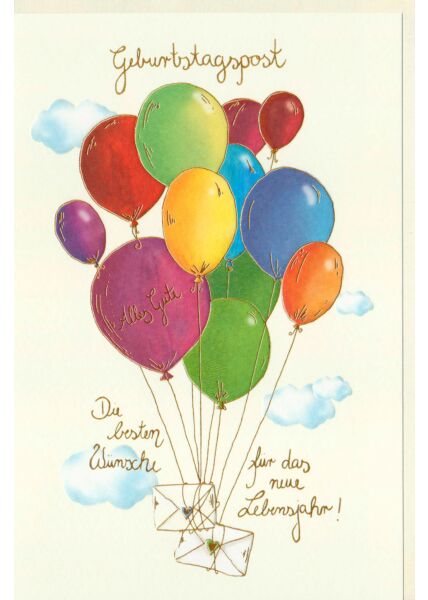 Karte Geburtstag Briefe mit Luftballons steigen in den Himmel, Naturkarton, mit Goldfolie und Blindprägung