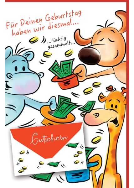 Geldgeschenk Karte Hund, Nilpferd, Giraffe mit Hüten voller Geldscheine, mit Geldkuvert