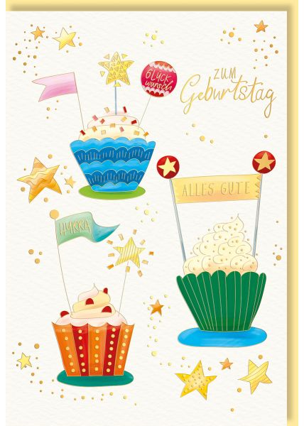 Geburtstagskarte mit Prachtvollen Cupcakes, Glitzernden Sternen & Wünschen in Folien- und Blindprägung