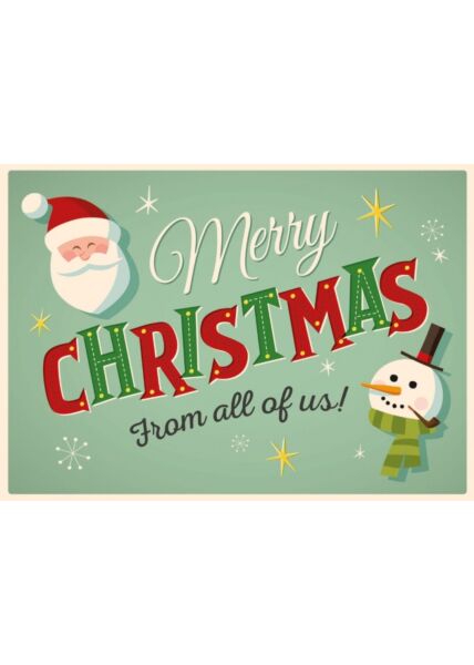Weihnachtspostkarte Schneemann und Weihnachtsmann: Merry Christmas from all of us!