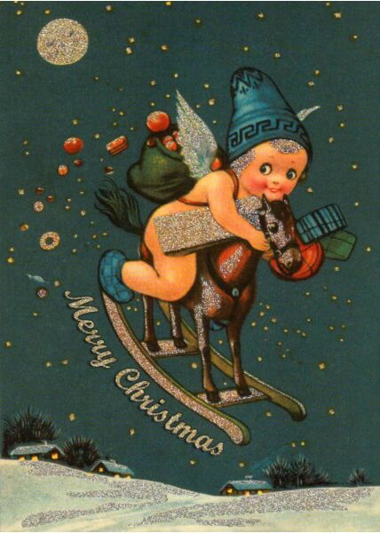 Weihnachtspostkarte frohe weihnachten Schaukelpferd retro