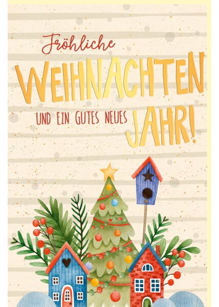 Weihnachtskarte aus Zuckerrohrpapier kleine Holzhäuser