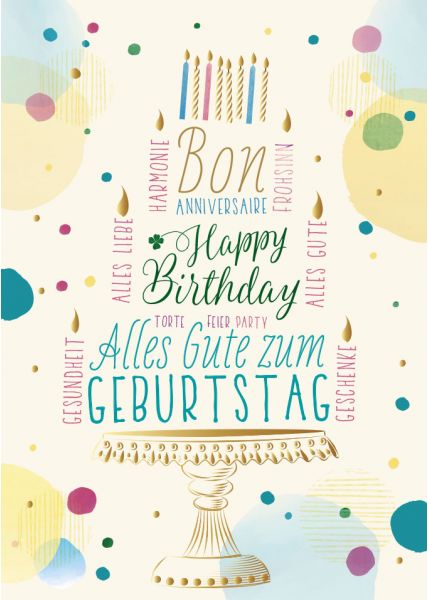Postkarte Geburtstagspostkarte Mehrsprachig Kerzen Veredelt