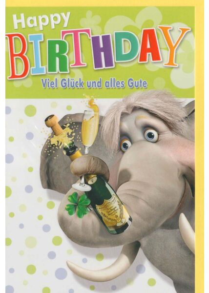 Glückwunschkarte Geburtstag Elefant Sektflasche