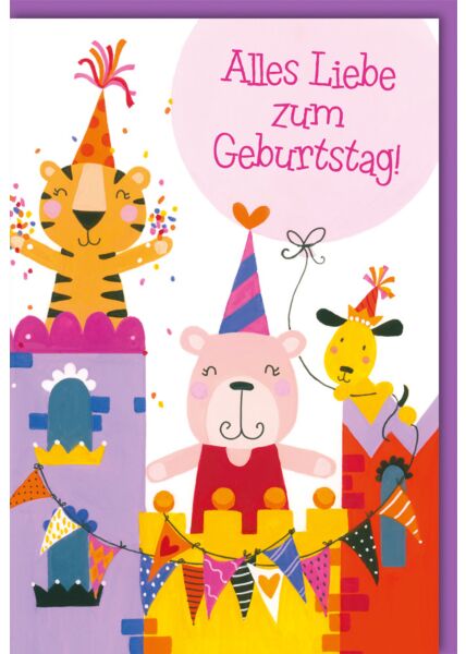 Geburtstagskarte Kinder Tiger, Bär und Hund auf Burg