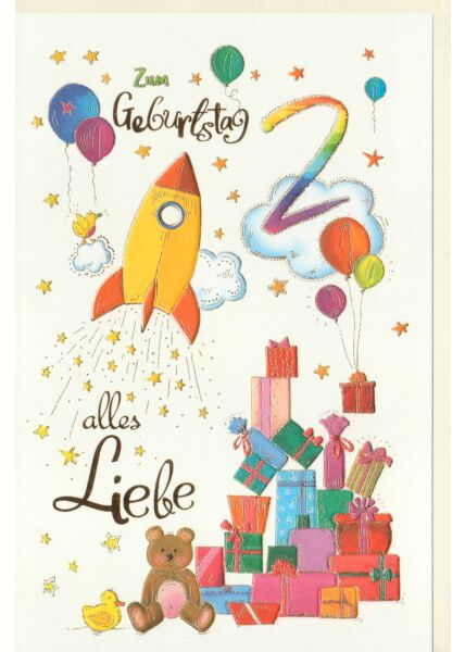 Kinder Geburtstagskarte 2 Jahre Rakete und Geschenke, Naturkarton, mit Goldfolie und Blindprägung
