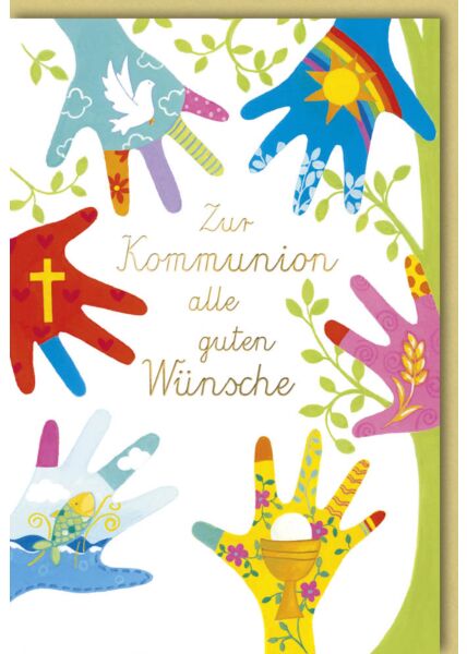 Karte Glückwunsch Kommunion sechs Hände Symbole Kirche