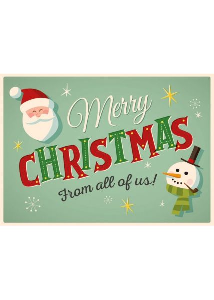 Weihnachtspostkarte Schneemann und Weihnachtsmann: Merry Christmas from all of us!