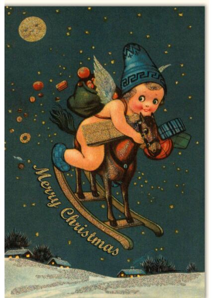 Weihnachtskarte nostalgisch Merry Christmas Engel auf Schaukelpferd