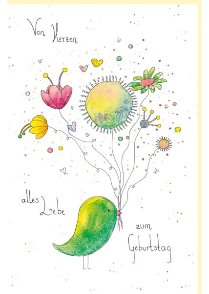Geburtstagskarte Vogel mit Blumen, Naturkarton, mit roségoldener Folie und Blindprägung