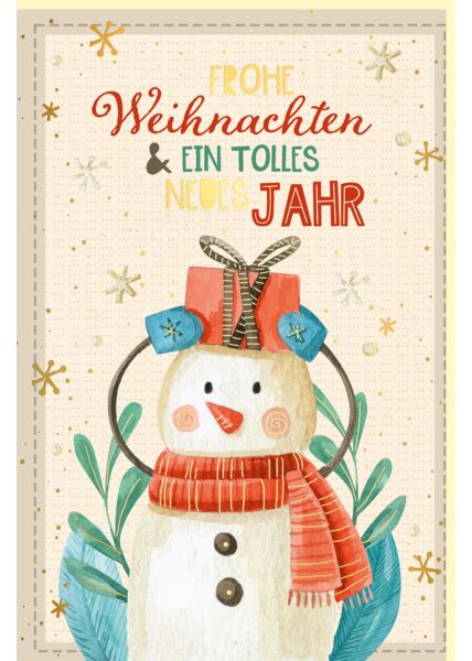 Weihnachtskarte aus Zuckerrohrpapier Schneemann mit Schal Schneeblumen und Geschenk
