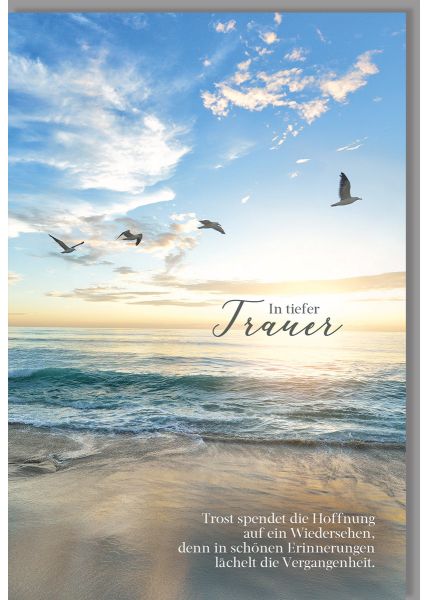 Trauerkarte Möwen fliegen über Strand im Sonnenuntergang Spruch Trost