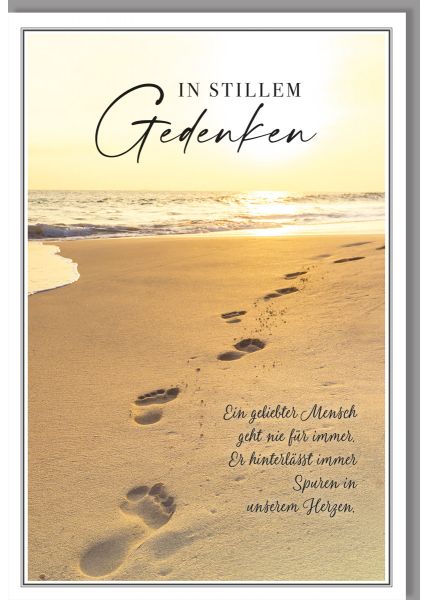 Trauerkarte Fußspuren im Sand, Text In Stillem Gedenken