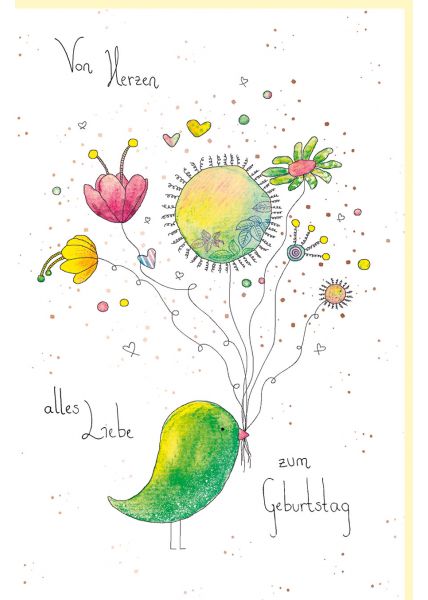 Geburtstagskarte Vogel mit Blumen, Naturkarton, mit roségoldener Folie und Blindprägung