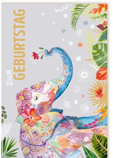 Glückwunschkarte Geburtstag Illustration Elefant mit Blume