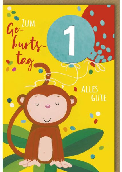 Geburtstagskarte 1. Jahre Affe auf Blatt