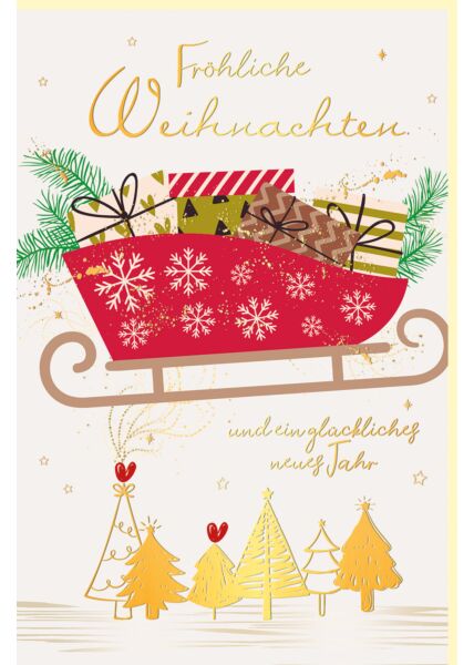 Weihnachtskarte Goldfolie Schlitten mit Geschenken
