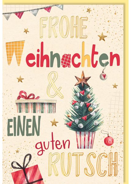 Weihnachtsgrußkarten – Frohe Weihnachten & Einen Guten Rutsch Festliche Karte mit Tannenbaum und Geschenken