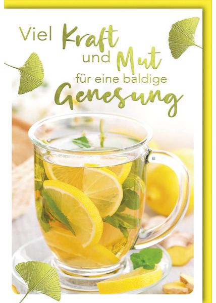 Genesungskarte mit Zitronen-Ingwer-Tee und Ginkgo-Blättern - Folienprägung