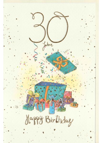 Geburtstagskarte 30 Jahre Geschenke, Naturkarton, mit Goldfolie und Blindprägung