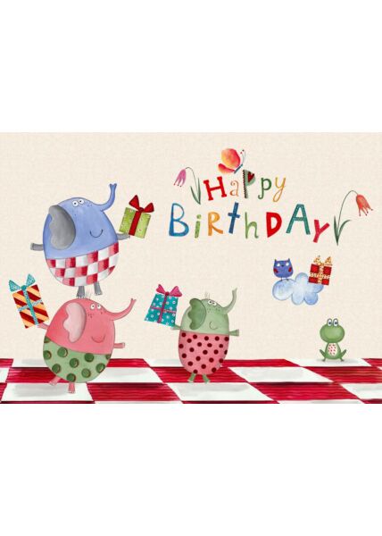 Geburtstagspostkarte Eier Elefanten Happy Birthday