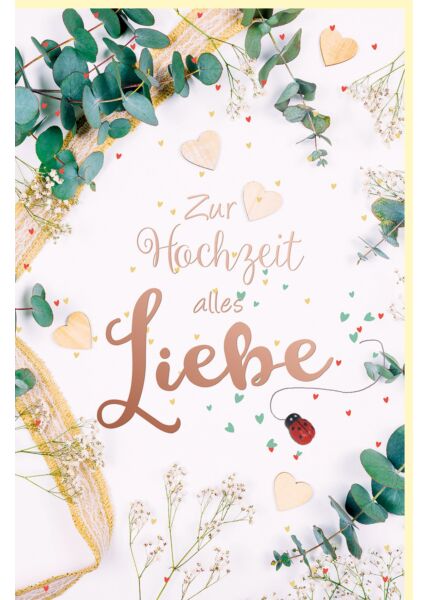 Hochzeitskarte Glückwünsche Blätter, mit roségoldener Folie und Marienkäfer
