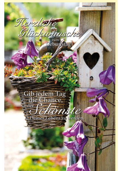 Geburtstagskarte Sommer auf dem Land Vogelhaus, Korb mit Blumen