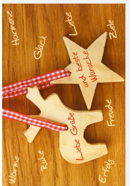 Weihnachtsgrußkarte Liebe Grüße und beste Wünsche Motiv Holz