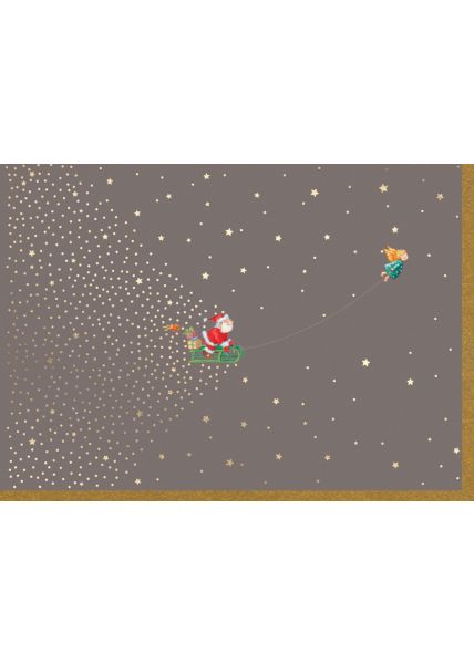 Weihnachtskarte Goldfolie DW-mann mit Schlitten u. Engel mt Geschenken