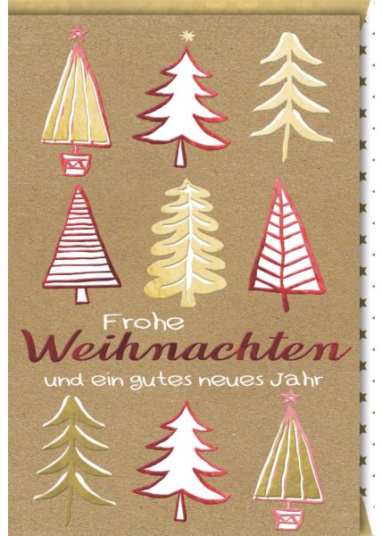 Weihnachtskarte schön Spruch Frohe Weihnachten und ein gutes neues Jahr 6 Weihnachtsbäume Kraftpapier