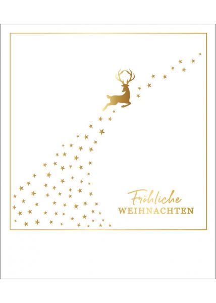 Weihnachtspostkarte Fröhliche Weihnachten Rehntier Sterne Goldfolie