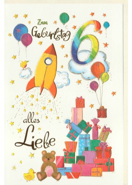 Kinder Geburtstagskarte Rakete und Geschenke, Naturkarton, mit Goldfolie und Blindprägung