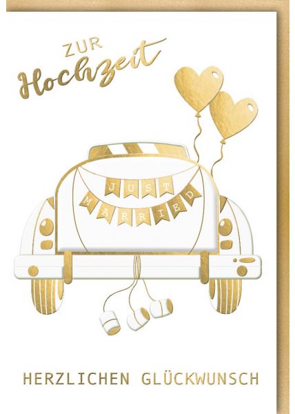 Hochzeitskarte: Liebevoller Autokorso mit "Just Married" Banner, Herzballons und Glückwünschen
