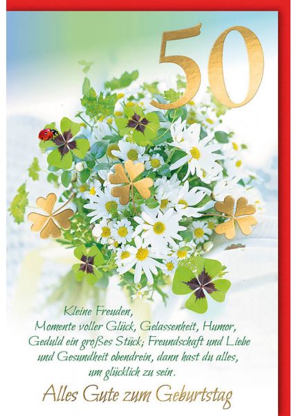 Geburtstagskarte 50. goldenes Kleeblatt veredelt